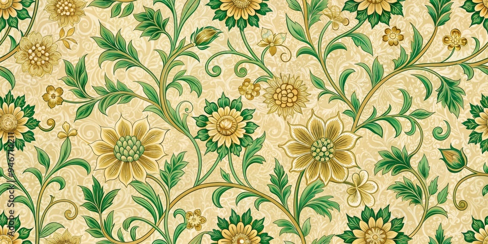 Ornate Floral Pattern with Green Leaves on Beige Background, Digital Illustration, Seamless, Repeating, Vintage Style, Fabric, Wallpaper Ornate Floral Pattern with Green Leaves on Beige Background, Digital Illustration, Seamless, Repeating, Vintage Style, Fabric, Wallpaper
