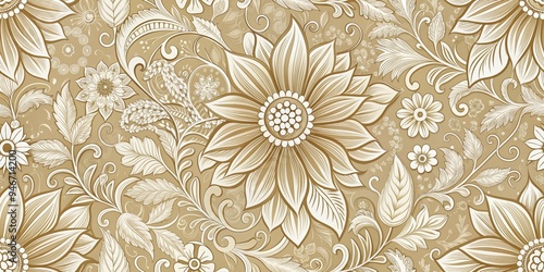 Wallpaper Mural Ornate Floral Pattern - White on Beige, Seamless Illustration, Flower, Leaf, Swirls, Pattern, Background Torontodigital.ca