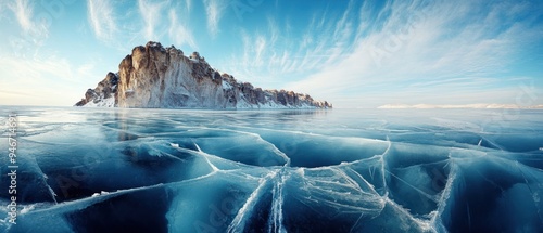 Frozen Lake with Cliffside Mountain and Blue Sky