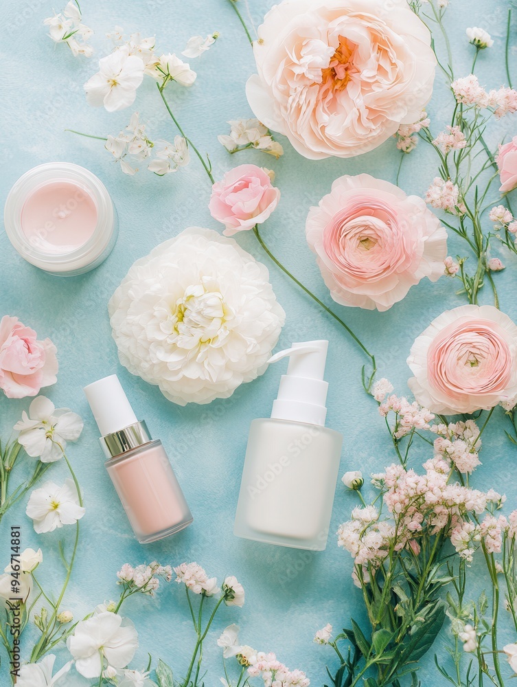 Delicate pastel flowers are thoughtfully arranged with natural beauty products on a calming blue surface, radiating tranquility. Generative AI Delicate pastel flowers are thoughtfully arranged with natural beauty products on a calming blue surface, radiating tranquility. Generative AI