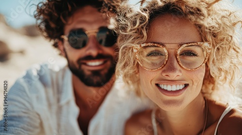 A couple of friends capture a happy moment with sunglasses on a sunny beach, their joyous expressions and carefree vibe encapsulating the essence of a fun seaside day. photo