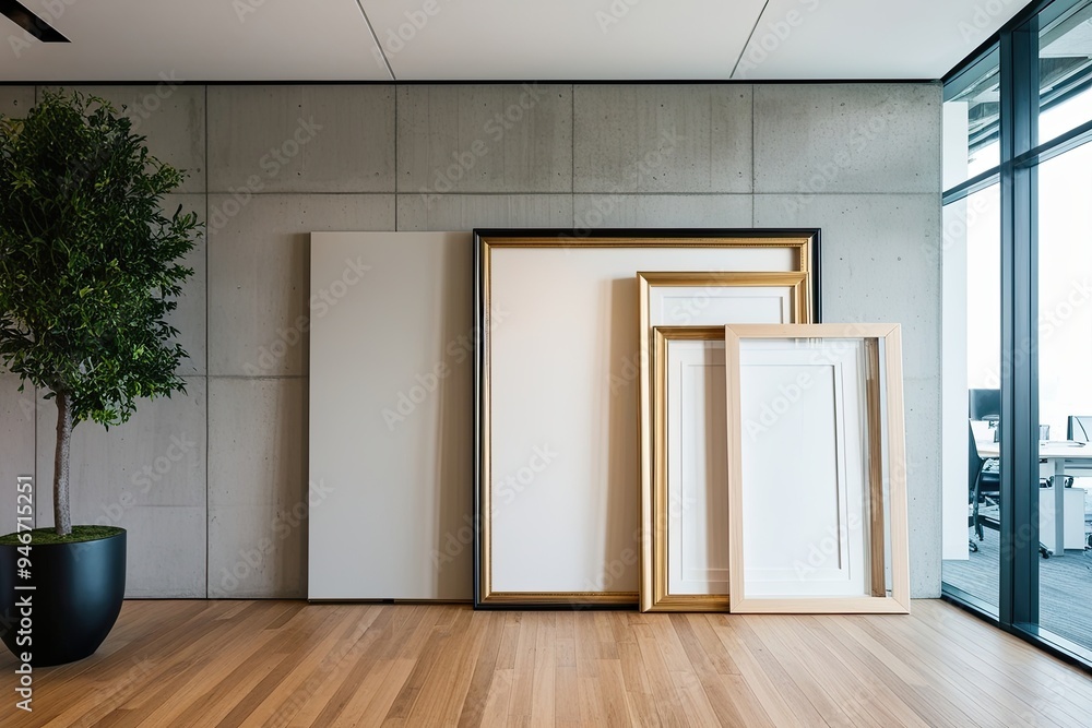 Elegant Office Venue Featuring Natural Light and Clean Concrete Wall Waiting for Artwork Frame Elegant Office Venue Featuring Natural Light and Clean Concrete Wall Waiting for Artwork Frame