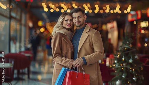 Stylish couple in love, holding shopping bags, mall background, luxury fashion, romantic vibe, high resolution.