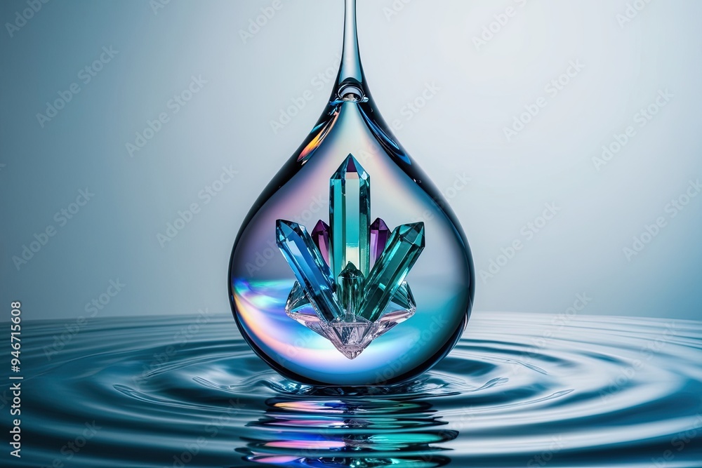 Mesmerizing Three Dimensional Geometric Crystal Structure Inside Iridescent Water Droplet with Vibrant Colors and Luminous Effects on Gradient Blue Background Mesmerizing Three Dimensional Geometric Crystal Structure Inside Iridescent Water Droplet with Vibrant Colors and Luminous Effects on Gradient Blue Background