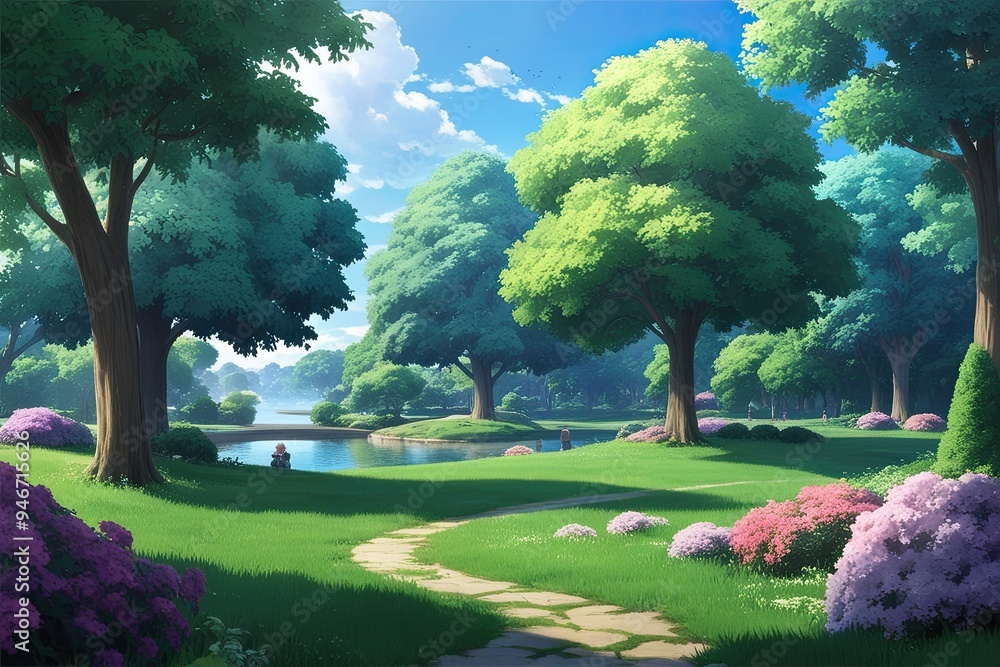 Fototapeta premium Tranquil Anime Park Landscape Background for a Peaceful Scenic View