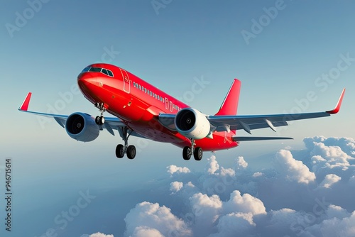 3D Rendering of Isolated Vibrant Red Passenger Aircraft Flying Against White Background