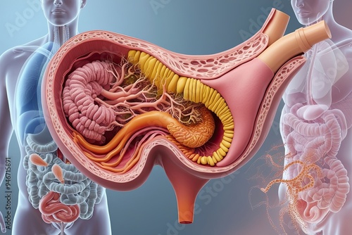 Realistic 3D Visualization of Human Stomach Anatomy with Detailed Mucous Membrane Rugae Digestive Glands and Vibrant Microbial Environments in Futuristic Medical Imaging Style photo