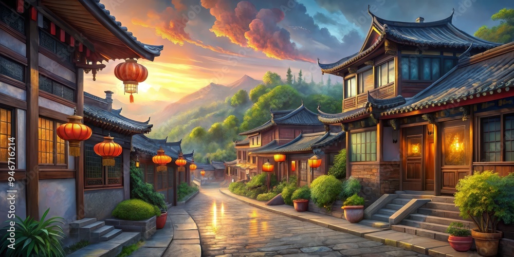 Obraz premium Tranquil Chinese Village Street at Sunset, Digital Painting, Traditional Architecture, Lanterns, Mountains, China, Asian