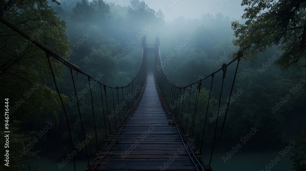 Fototapeta premium A mysterious bridge stretches over a foggy landscape. The scene evokes a sense of adventure and exploration. Ideal for nature lovers and photographers. Captivating and serene atmosphere. AI