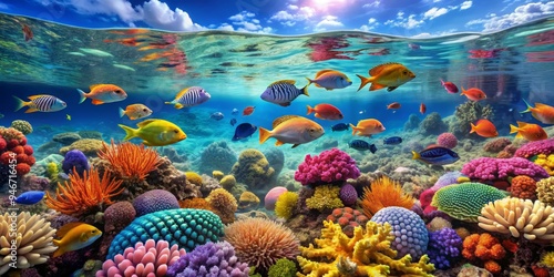Underwater Paradise A Vibrant Reef with Sunlit Surface, Digital Painting, Coral Reef, Tropical Fish, Marine Life , underwater, coral