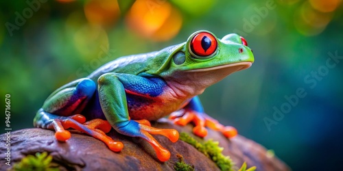 Red-Eyed Tree Frog Perched on a Mossy Branch, Close-up, Vibrant Colors, Wildlife, Amphibian, Rainforest, Nature