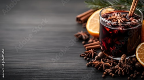 A beautifully crafted drink with a glass of mulled wine adorned with star anise, oranges, and surrounded by festive spices, capturing the essence of warmth and festive cheer. photo