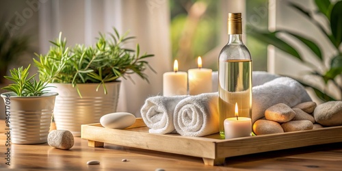 Relaxing Spa Day Essentials with Candles and Oil, Spa, Wellness, Relaxation photo