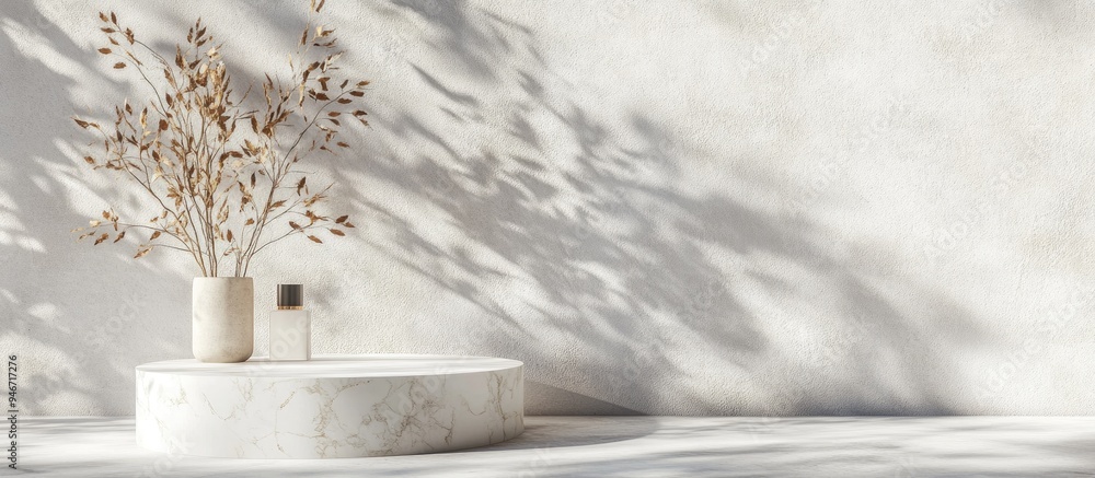 Contemporary white marble pedestal adorned with dried plants casting leaf shadows on a concrete wall ideal for showcasing products cosmetics skincare and beauty treatments 3D render Contemporary white marble pedestal adorned with dried plants casting leaf shadows on a concrete wall ideal for showcasing products cosmetics skincare and beauty treatments 3D render