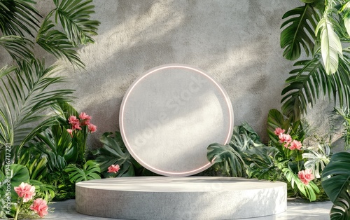 Premium podium and concrete stand on a soft pastel background featuring natural greenery leaves and poppy flowers Ideal mockup for exhibitions and product presentations 3D render Minimalistic disp photo