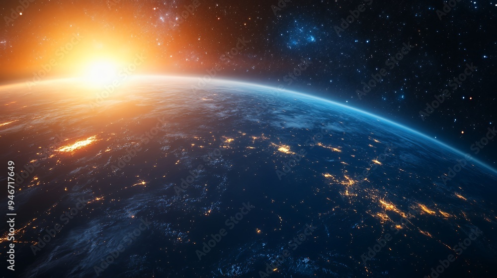 A breathtaking view of Earth from space, showcasing sunrise over the planet's surface. A breathtaking view of Earth from space, showcasing sunrise over the planet's surface.