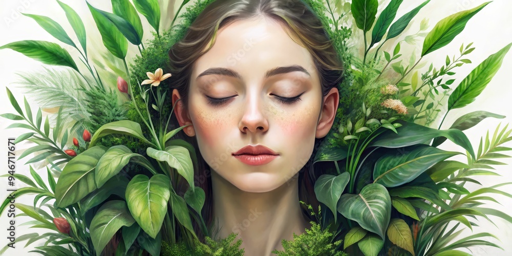 Woman with Closed Eyes Surrounded by Lush Green Foliage, digital painting, portrait, nature, botanical , beauty , eyes Woman with Closed Eyes Surrounded by Lush Green Foliage, digital painting, portrait, nature, botanical , beauty , eyes