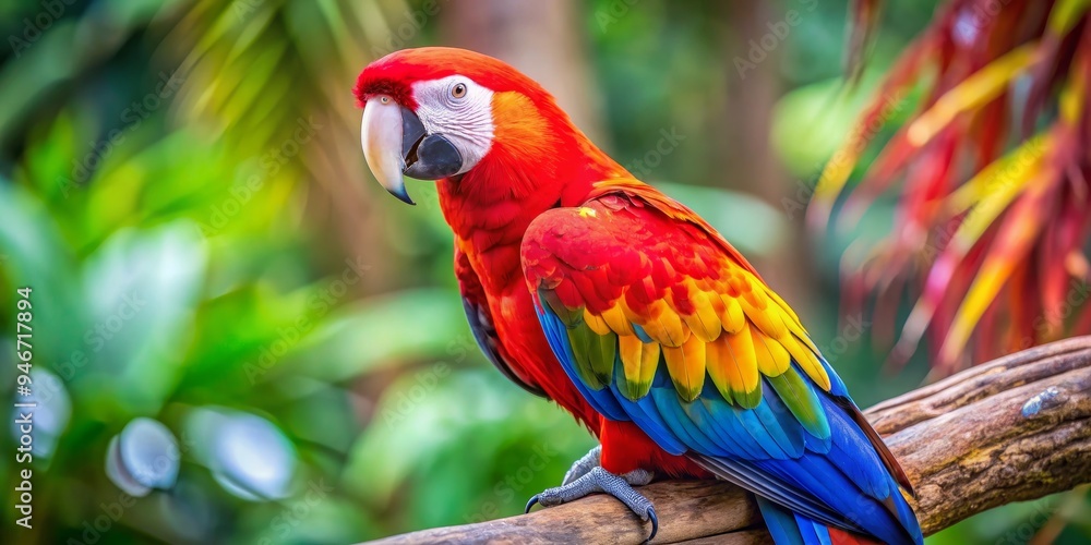Scarlet Macaw Perched on Branch in Vibrant Jungle, Parrot, Tropical Bird, Rainforest Scarlet Macaw Perched on Branch in Vibrant Jungle, Parrot, Tropical Bird, Rainforest