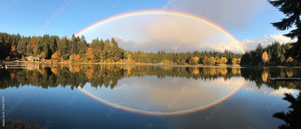 Rainbow Reflected in a Calm Lake Surrounded by Trees Rainbow Reflected in a Calm Lake Surrounded by Trees