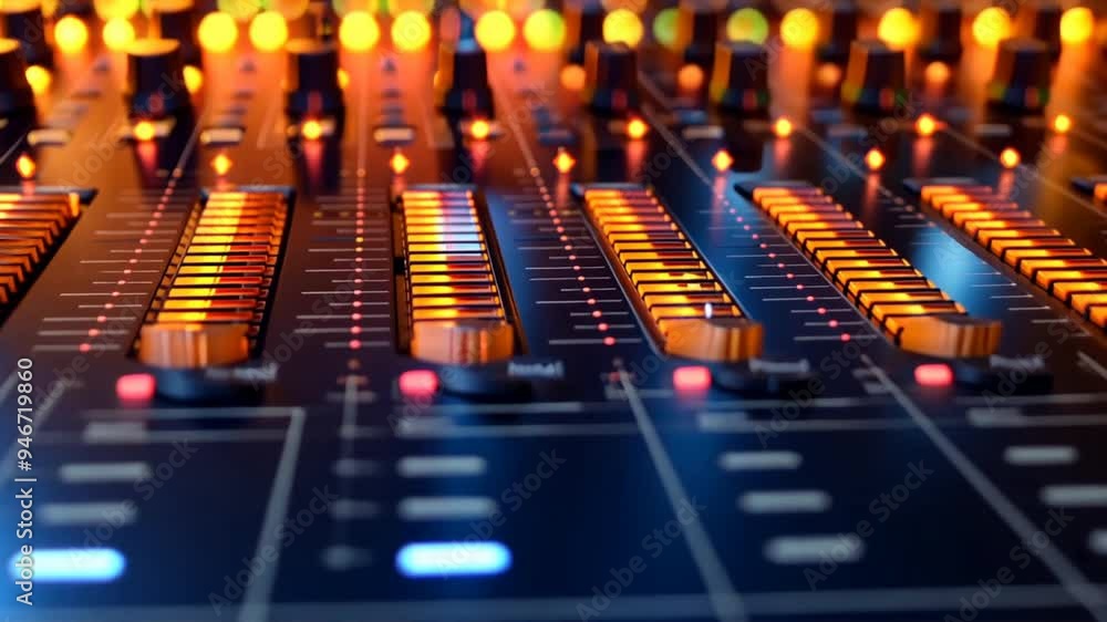A large mixing board with many knobs and buttons. Concept of creativity and musicality, as the mixing board is a tool used by musicians and producers to create A large mixing board with many knobs and buttons. Concept of creativity and musicality, as the mixing board is a tool used by musicians and producers to create