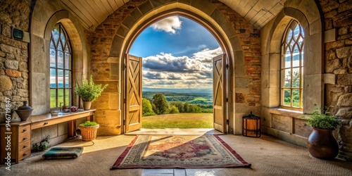 Stone Archway Leading to a Serene Landscape, Stone, Archway, Landscape photo