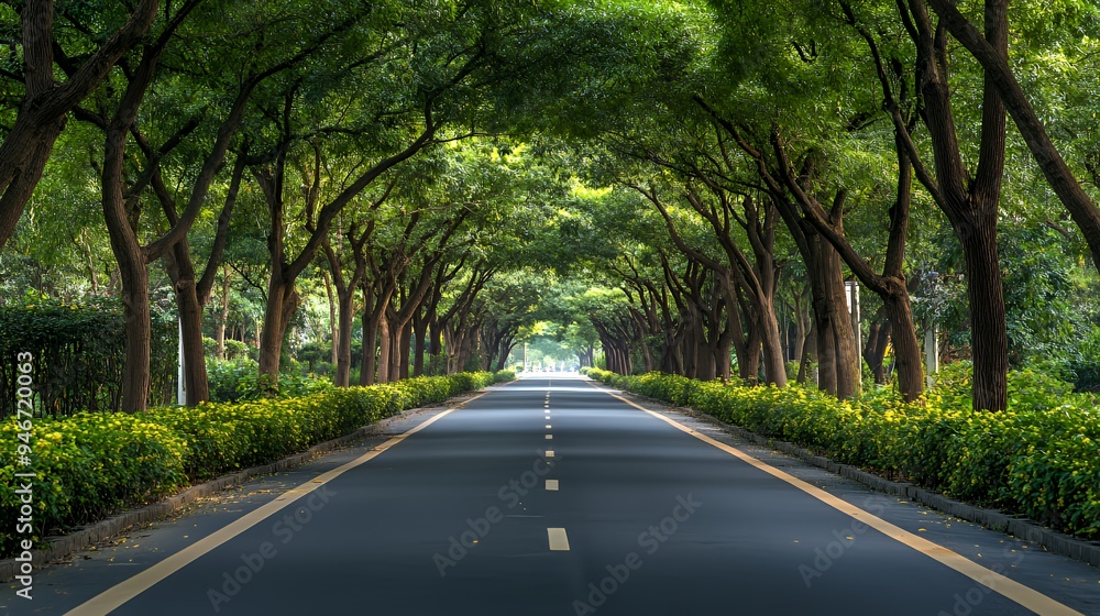 Fototapeta premium A serene tree-lined road creating a tranquil atmosphere for travelers.
