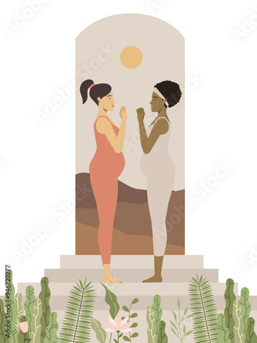 Poster of a pregnant white and brown woman doing yoga 