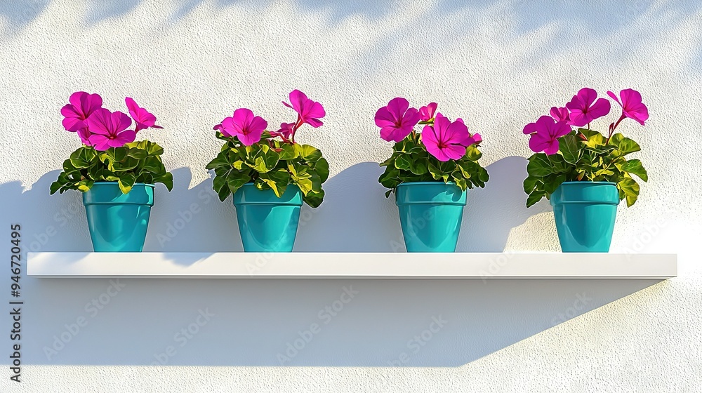 A row of potted flowers sits atop a white shelf, nestled against a wall A row of potted flowers sits atop a white shelf, nestled against a wall