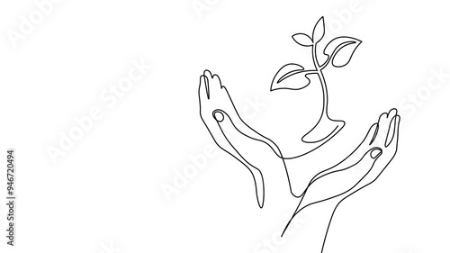  Single continuous line art growing sprout. Plant leaves seed grow soil seedling eco natural farm concept design one sketch outline drawing vector illustration