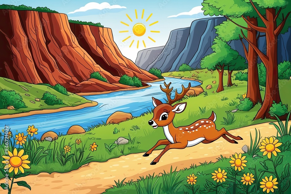 Obraz premium Vibrant Cartoon Nature Scene Featuring Canyon Riverbank Wildflowers and Leaping Deer with Sunlight Effects