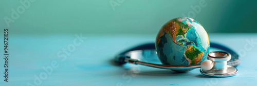 World Health Day. Global Health Awareness concept. Globe inside stethoscope. Green Earth day concept. banner