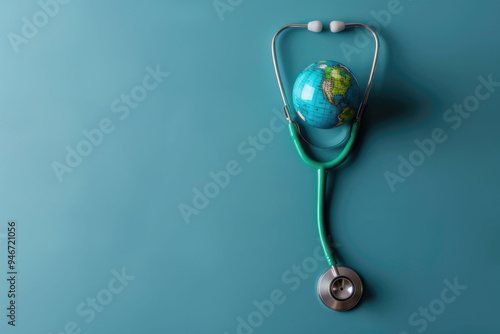 World Health Day. Global Health Awareness concept. Globe inside stethoscope. Green Earth day concept.