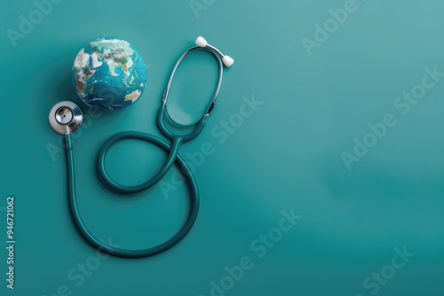 World Health Day. Global Health Awareness concept. Globe inside stethoscope. Green Earth day concept.