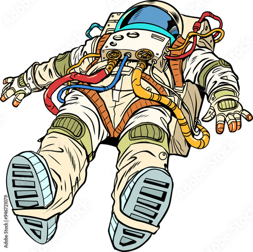 Pop Art Retro The astronaut lies in his suit. Day of Cosmonautics and Space Exploration. Scientific research in the field of space and the universe.