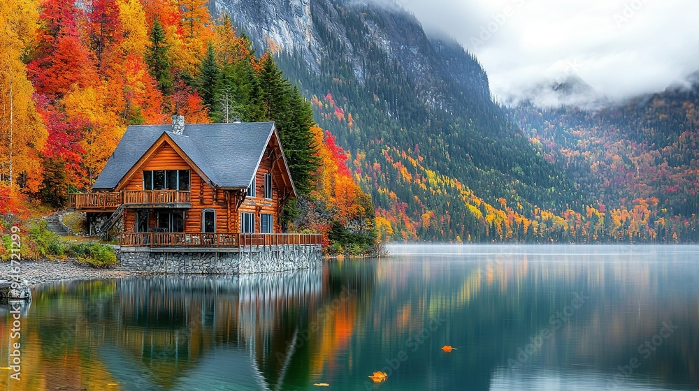 A cozy cabin rests beside a serene lake, encircled by majestic trees adorned with vibrant autumn leaves The picturesque mountain range forms an enchant A cozy cabin rests beside a serene lake, encircled by majestic trees adorned with vibrant autumn leaves The picturesque mountain range forms an enchant