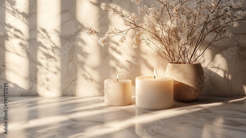 Wallpaper Mural Softly lit candles beside a decorative vase with dried flowers, creating a serene atmosphere. Torontodigital.ca
