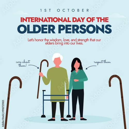 International day of the Older Persons. 1st October Older persons day celebration banner with young girl holding an old man with grey hairs, cane, walker. The day recognize the contributions of elders