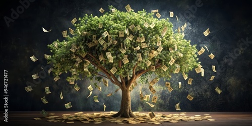 The Money Tree A 3D Illustration of a Tree with Currency Bill Leaves, Money Tree, Wealth, Abundance