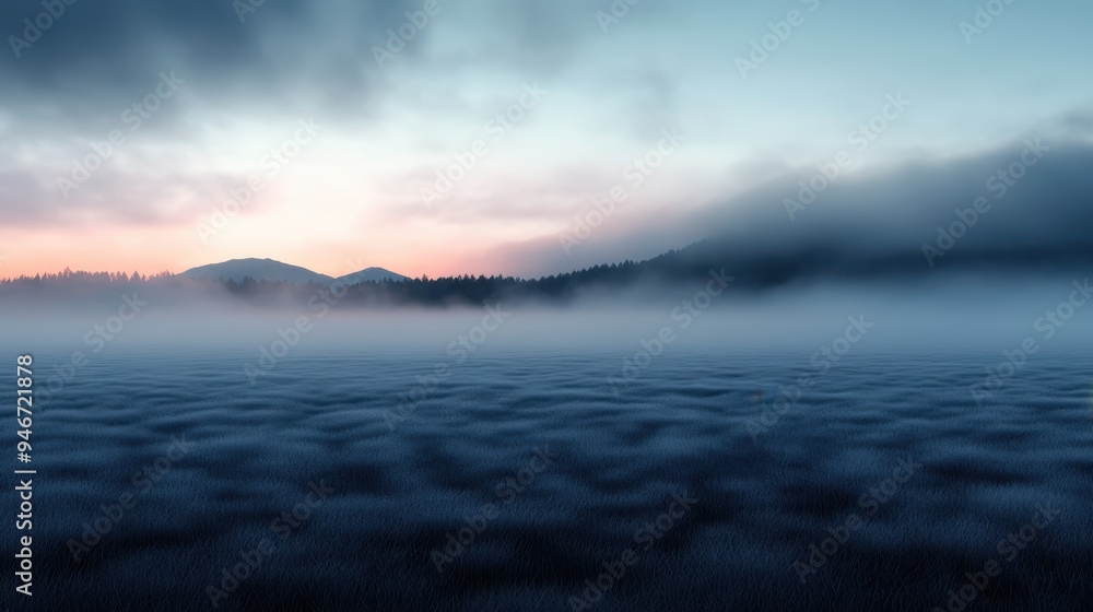 A serene landscape featuring a lush grass field enveloped in mist, with majestic mountain ranges and a hint of forest in the background at sunrise. A serene landscape featuring a lush grass field enveloped in mist, with majestic mountain ranges and a hint of forest in the background at sunrise.
