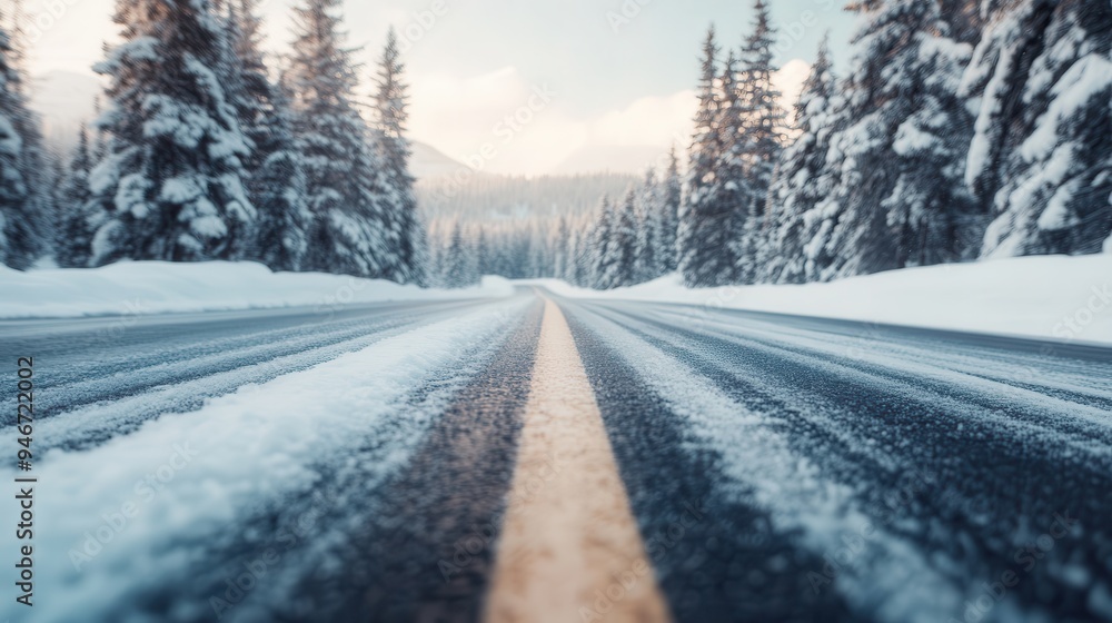 A straight road doused in snow, stretching into the horizon flanked by snow-covered trees, leads to distant mountains, representing journey and winter adventure. A straight road doused in snow, stretching into the horizon flanked by snow-covered trees, leads to distant mountains, representing journey and winter adventure.