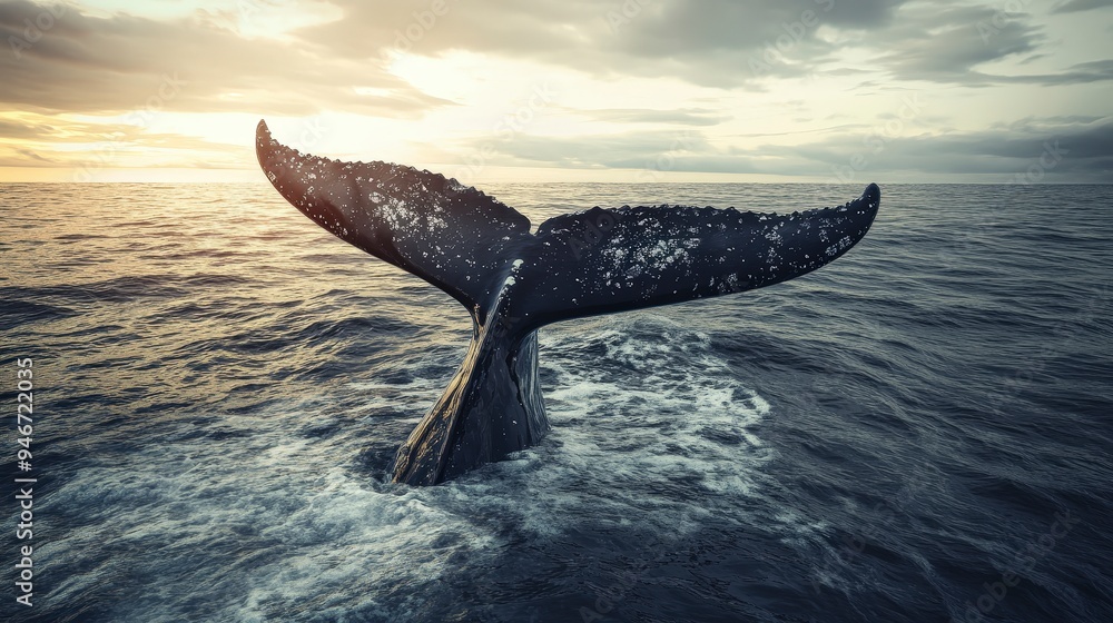 Fototapeta premium A whale's tail emerges from the ocean during a sunset, showcasing marine life beauty.
