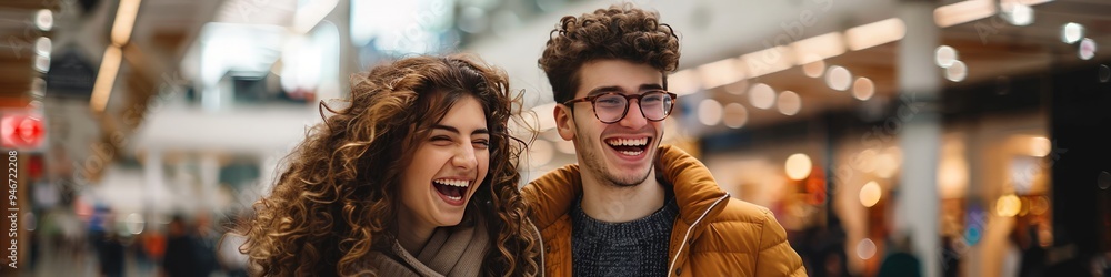 Stylish young couple, both with curly brown hair, man in glasses, enjoying mall shopping, laughing and walking. Stylish young couple, both with curly brown hair, man in glasses, enjoying mall shopping, laughing and walking.