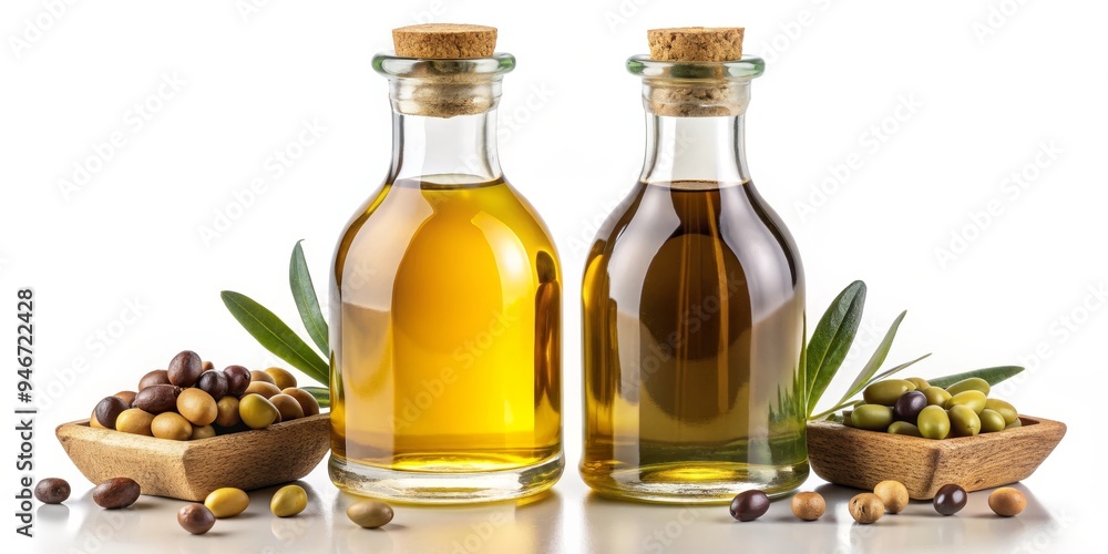 Two Bottles of Olive Oil with Olives and Leaves, White Background, Glass Bottles, Olive Oil, Healthy Fat, Olive Oil, Healthy Fat Two Bottles of Olive Oil with Olives and Leaves, White Background, Glass Bottles, Olive Oil, Healthy Fat, Olive Oil, Healthy Fat