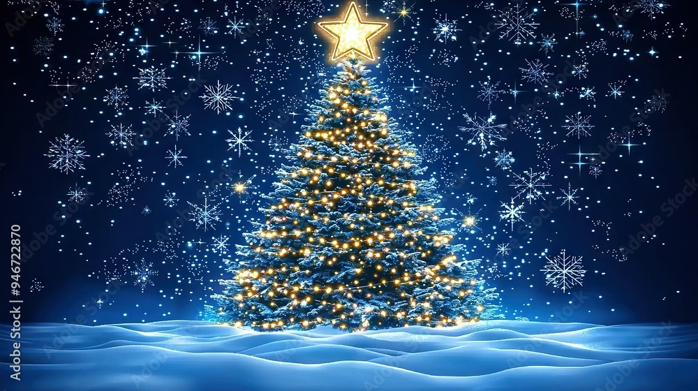 A Christmas tree with a star atop it stands tall in the heart of the midnight sky, surrounded by falling snowflakes A Christmas tree with a star atop it stands tall in the heart of the midnight sky, surrounded by falling snowflakes