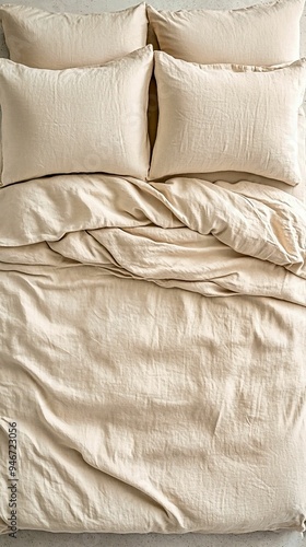 Directly overhead shot of a light brown bed with rumpled bedding and four pillows, textured duvet creating a lived-in feel, soft and natural color scheme, inviting and warm bedroom aesthetics.