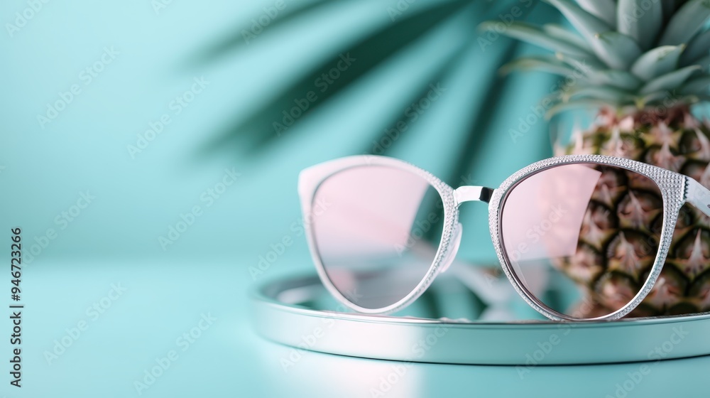 A chic pair of sunglasses sits atop a reflective surface with an out-of-focus pineapple and palm fronds in the background, all set against a vibrant teal backdrop. A chic pair of sunglasses sits atop a reflective surface with an out-of-focus pineapple and palm fronds in the background, all set against a vibrant teal backdrop.