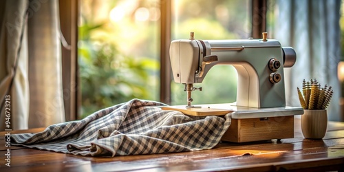 Vintage Sewing Machine on Wooden Table with Fabric, Sunlight, Interior, Crafts, Sewing, Crafting, Home photo