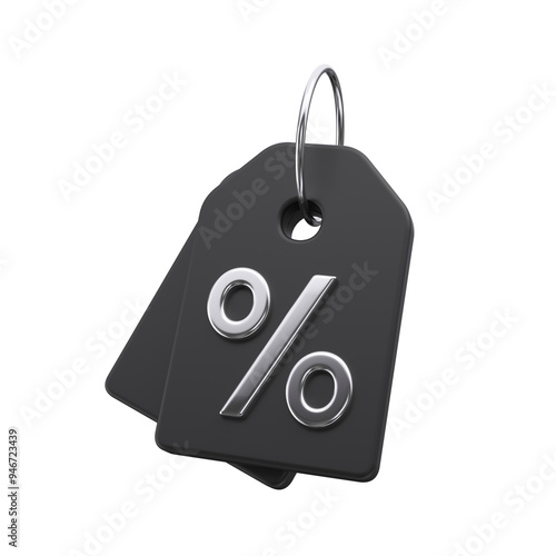 Black discount tag with silver interest shopping online market. Price percent emblem offer promotion isolated on white background. Black Friday and sale event concept. 3d rendering.
