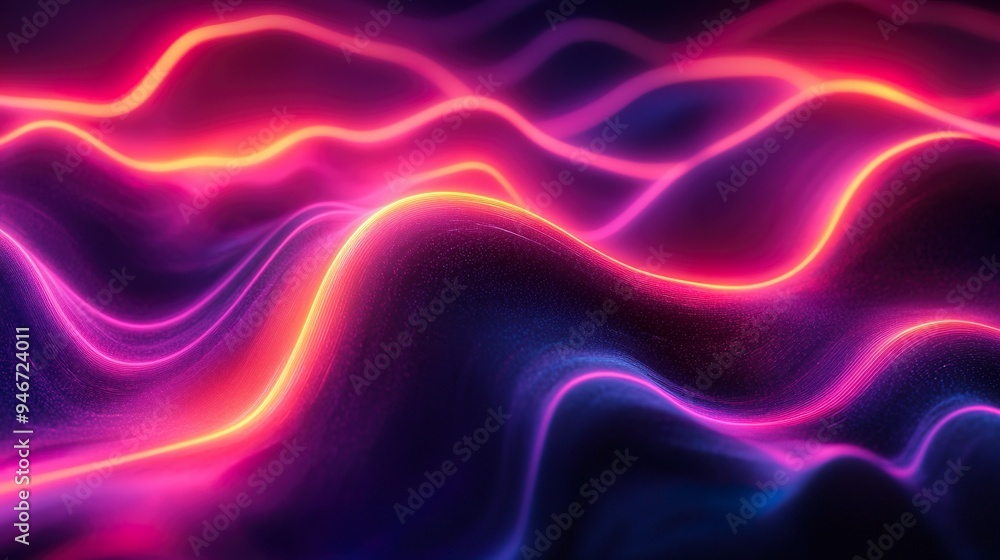 Obraz premium Abstract landscape with neon waves vibrant colors and glowing particles background