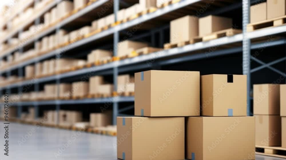 Cardboard boxes on blur storage warehouse shelves background. 3d illustration , ready for the delivery of packages in the warehouse created with generative ai Cardboard boxes on blur storage warehouse shelves background. 3d illustration , ready for the delivery of packages in the warehouse created with generative ai